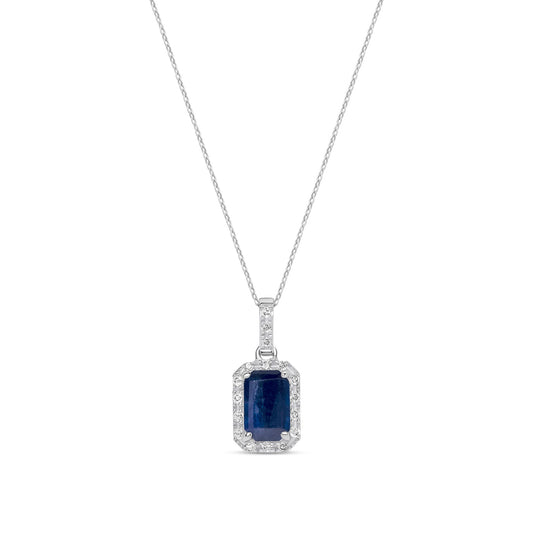 18ct White Gold Natural Octagonal Sapphire & Diamond Cluster Pendant