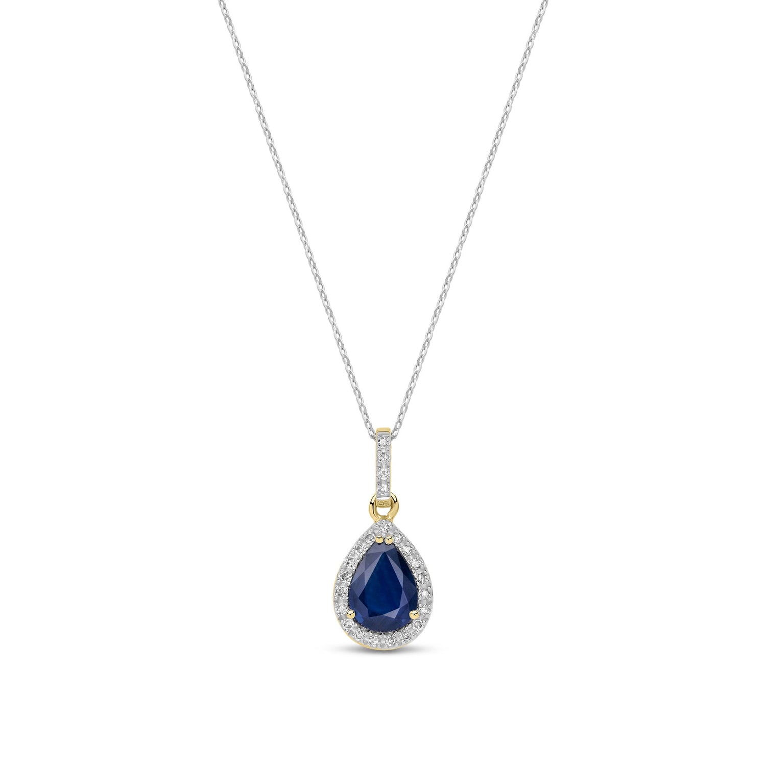 18ct Yellow Gold Natural Pear Shaped Sapphire & Diamond Cluster Pendant Necklace