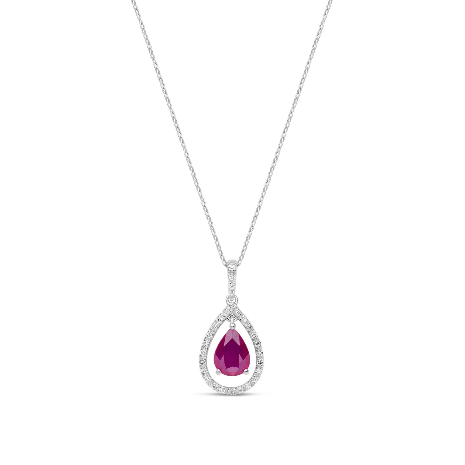18ct White Gold Natural Pear Shaped Ruby & Diamond Halo Pendant Necklace