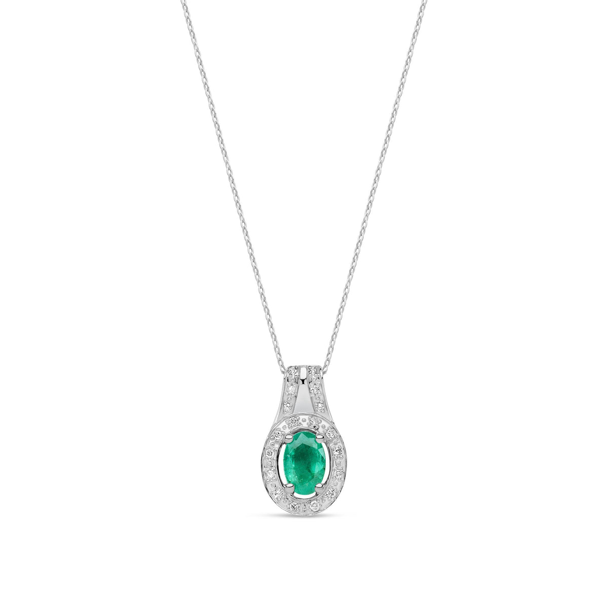 18ct White Gold Natural Oval Emerald & Diamond Cluster Pendant Necklace
