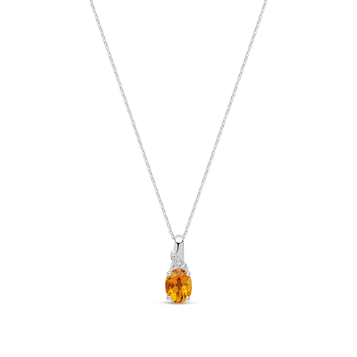 9ct White Gold Natural Oval Citrine & Diamond Accent Pendant Necklace