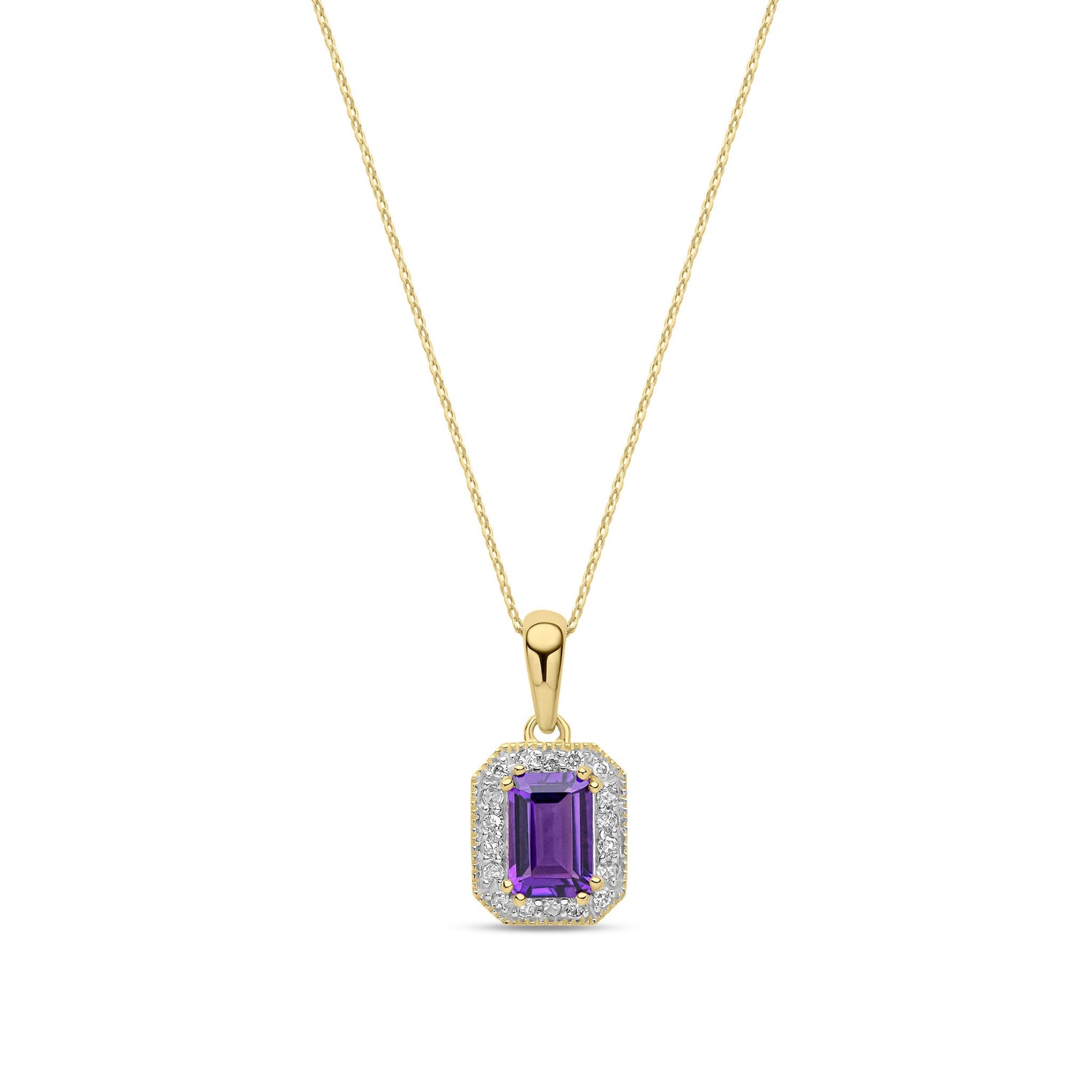9ct Yellow Gold Natural Octagonal Amethyst & Diamond Halo Pendant Necklace