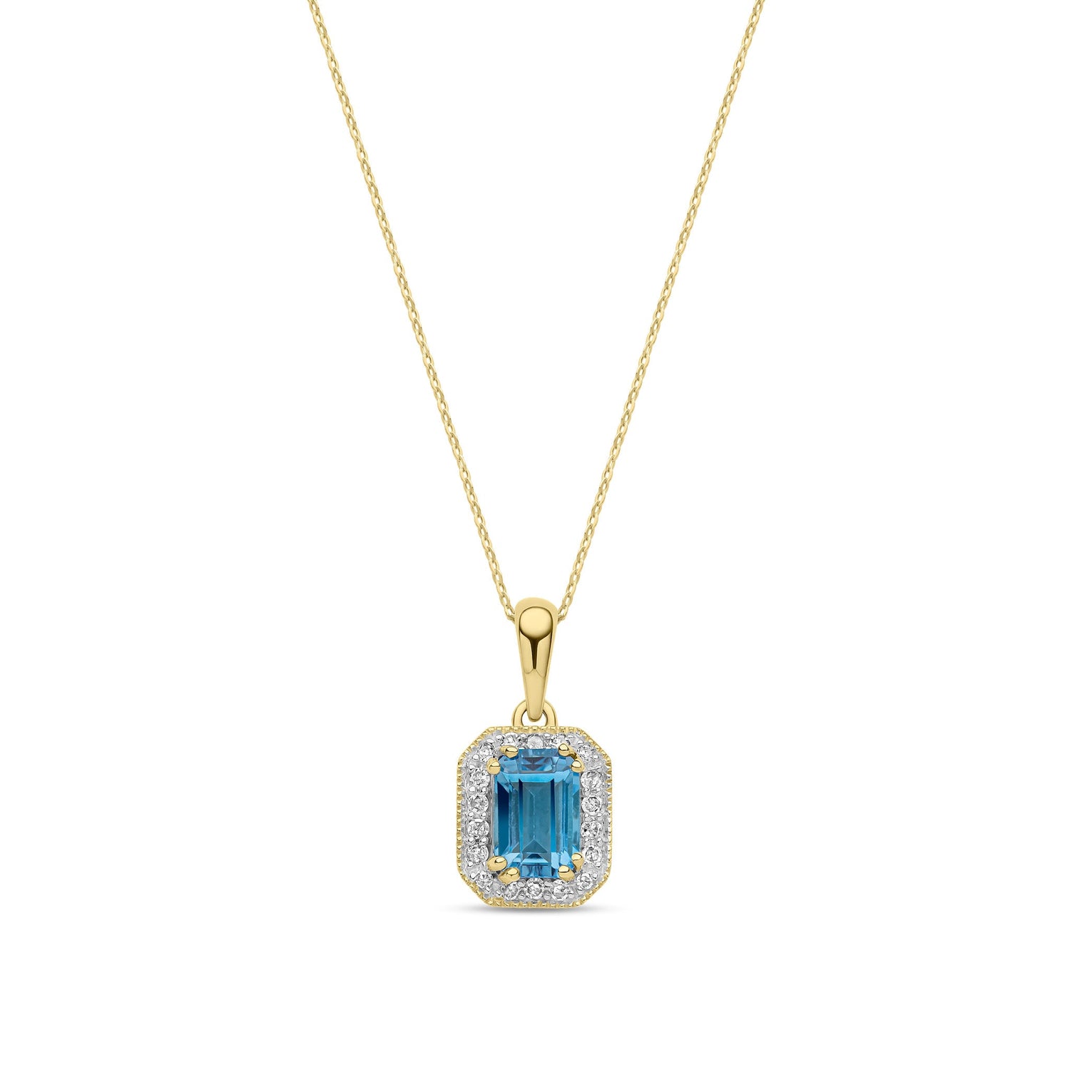 9ct Yellow Gold Natural Octagonal Swiss Blue Topaz & Diamond Halo Pendant Necklace