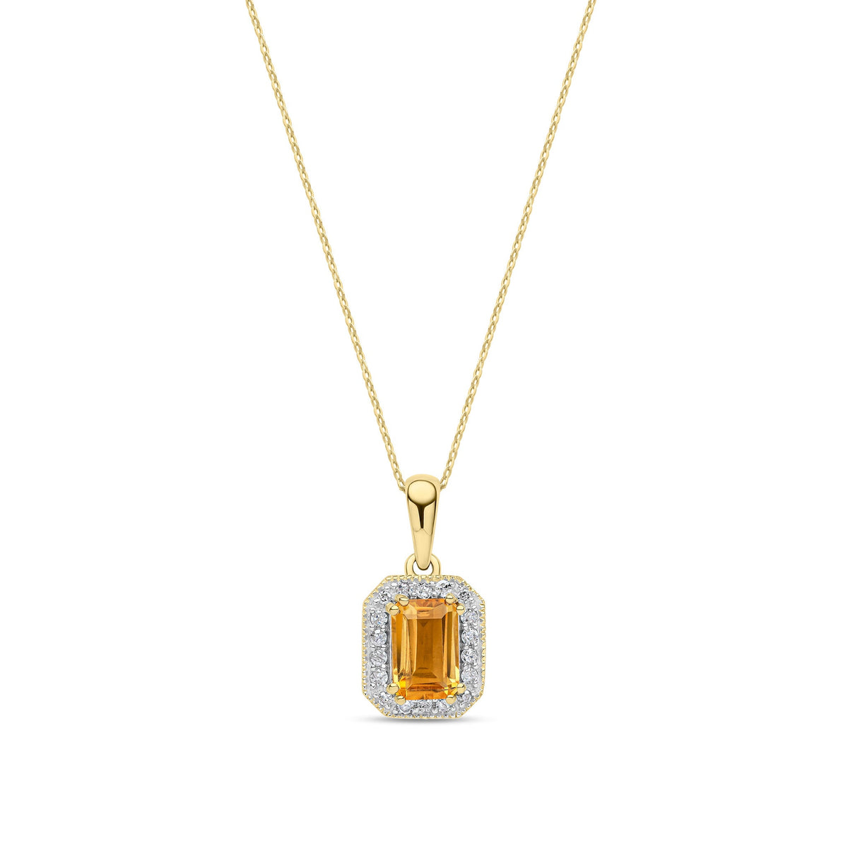 9ct Yellow Gold Natural Octagonal Citrine & Diamond Halo Pendant Necklace