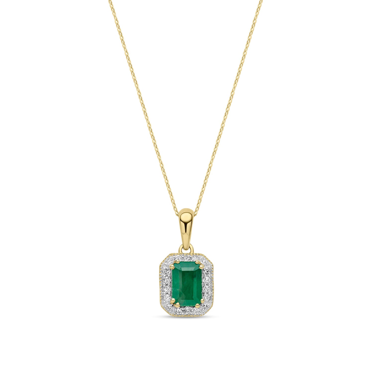 9ct Yellow Gold Natural Octagonal Emerald & Diamond Halo Pendant Necklace
