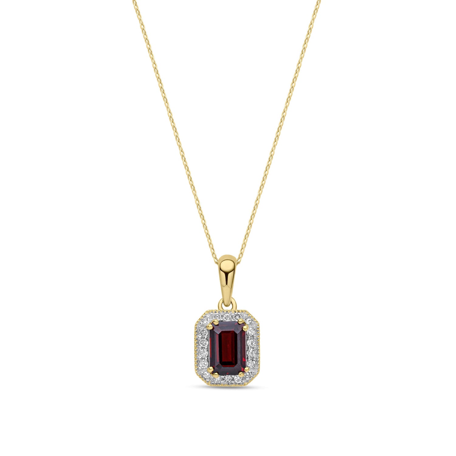 9ct Yellow Gold Natural Octagonal Garnet & Diamond Halo Pendant Necklace