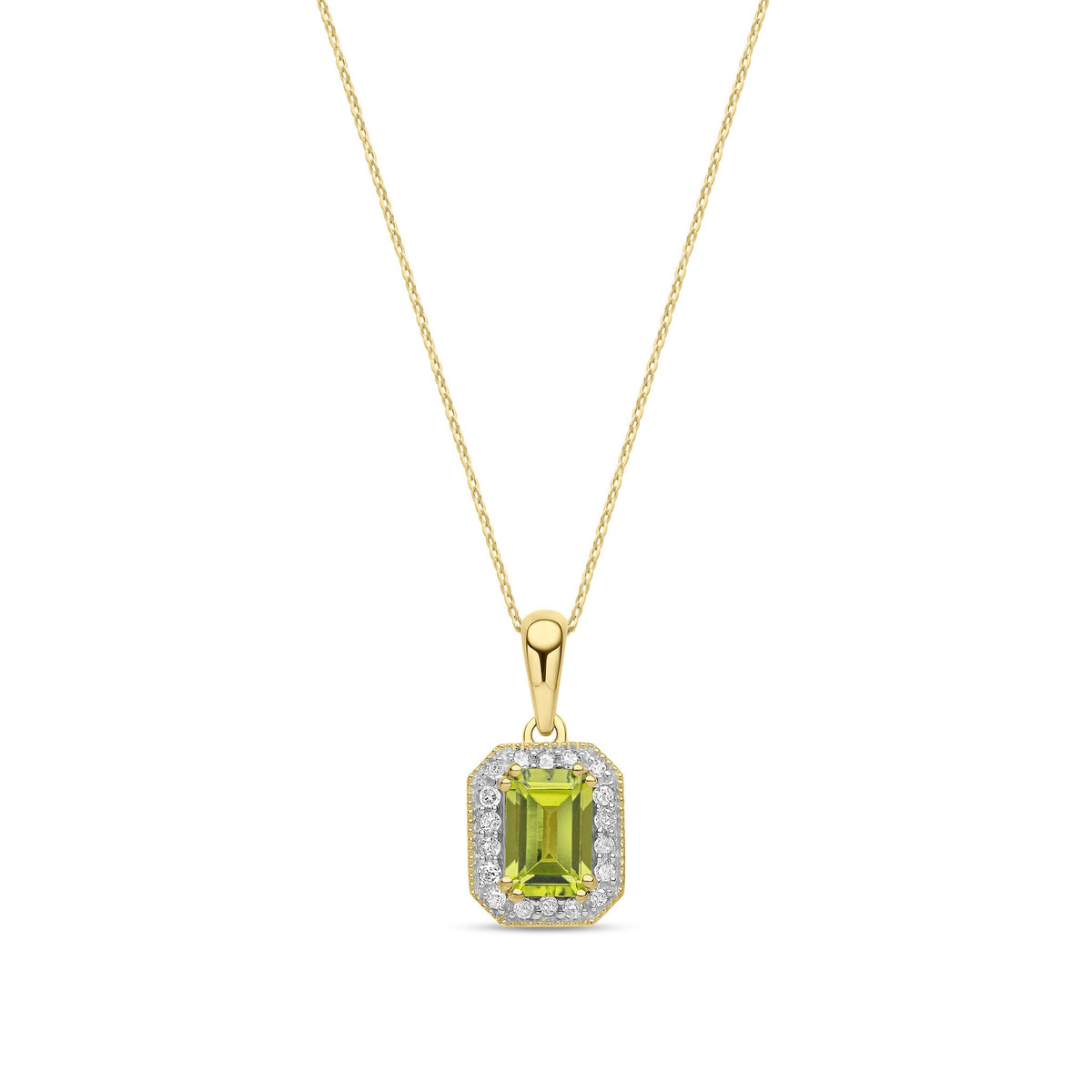 9ct Yellow Gold Natural Octagonal Peridot & Diamond Halo Pendant Necklace