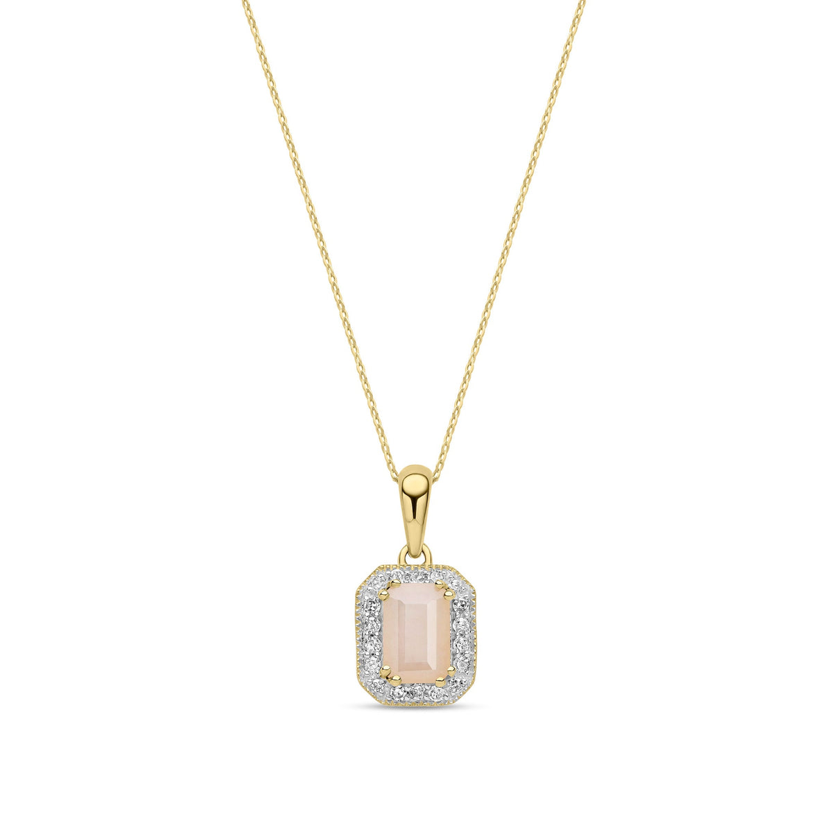 9ct Yellow Gold Natural Octagonal Pink Opal & Diamond Halo Pendant Necklace