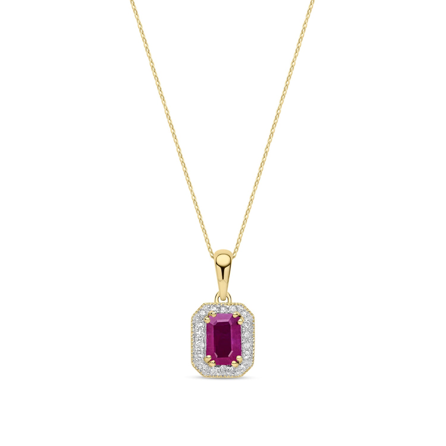 9ct Yellow Gold Natural Octagonal Ruby & Diamond Halo Pendant Necklace