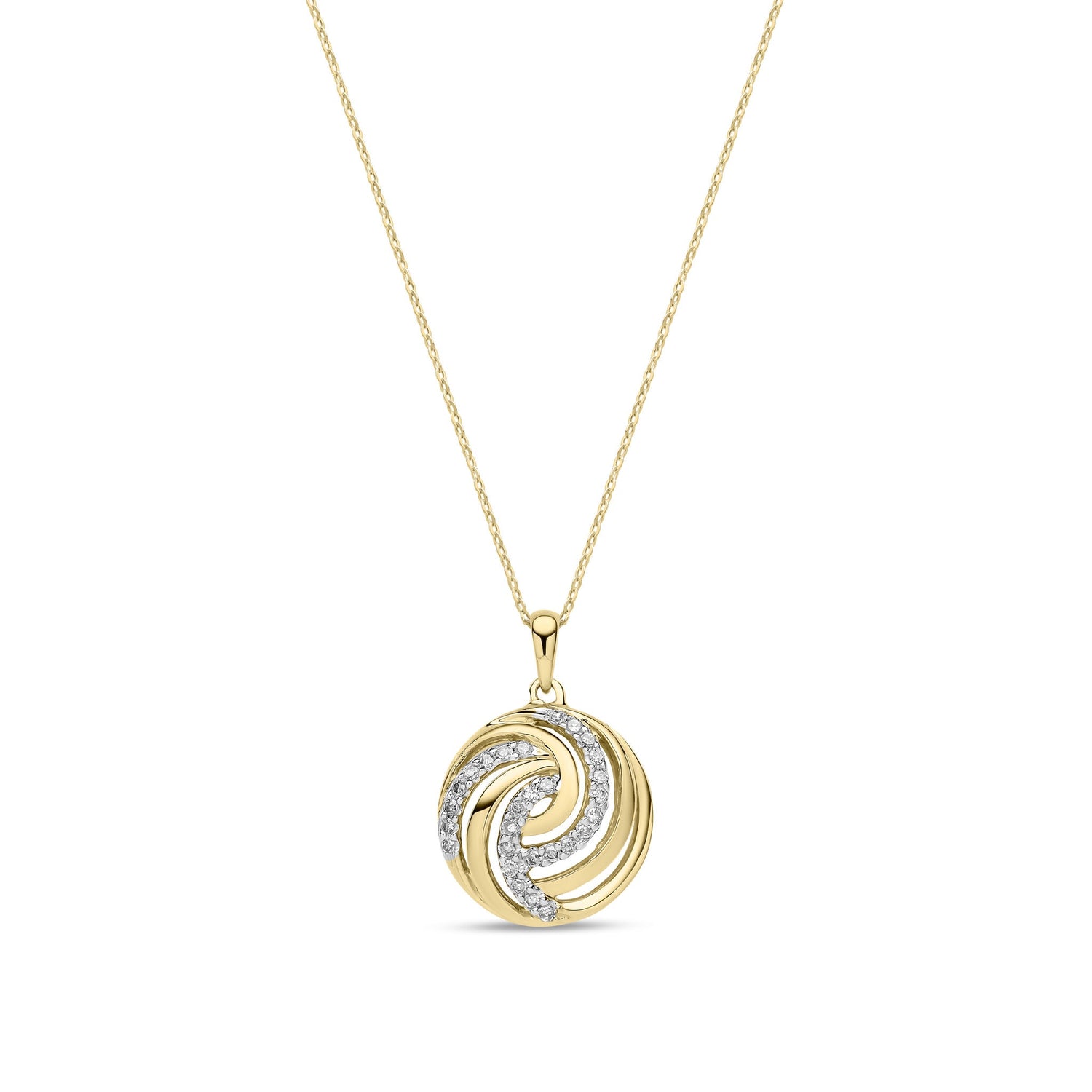 9ct Yellow Gold Natural Diamond Swirl Circle Pendant Necklace