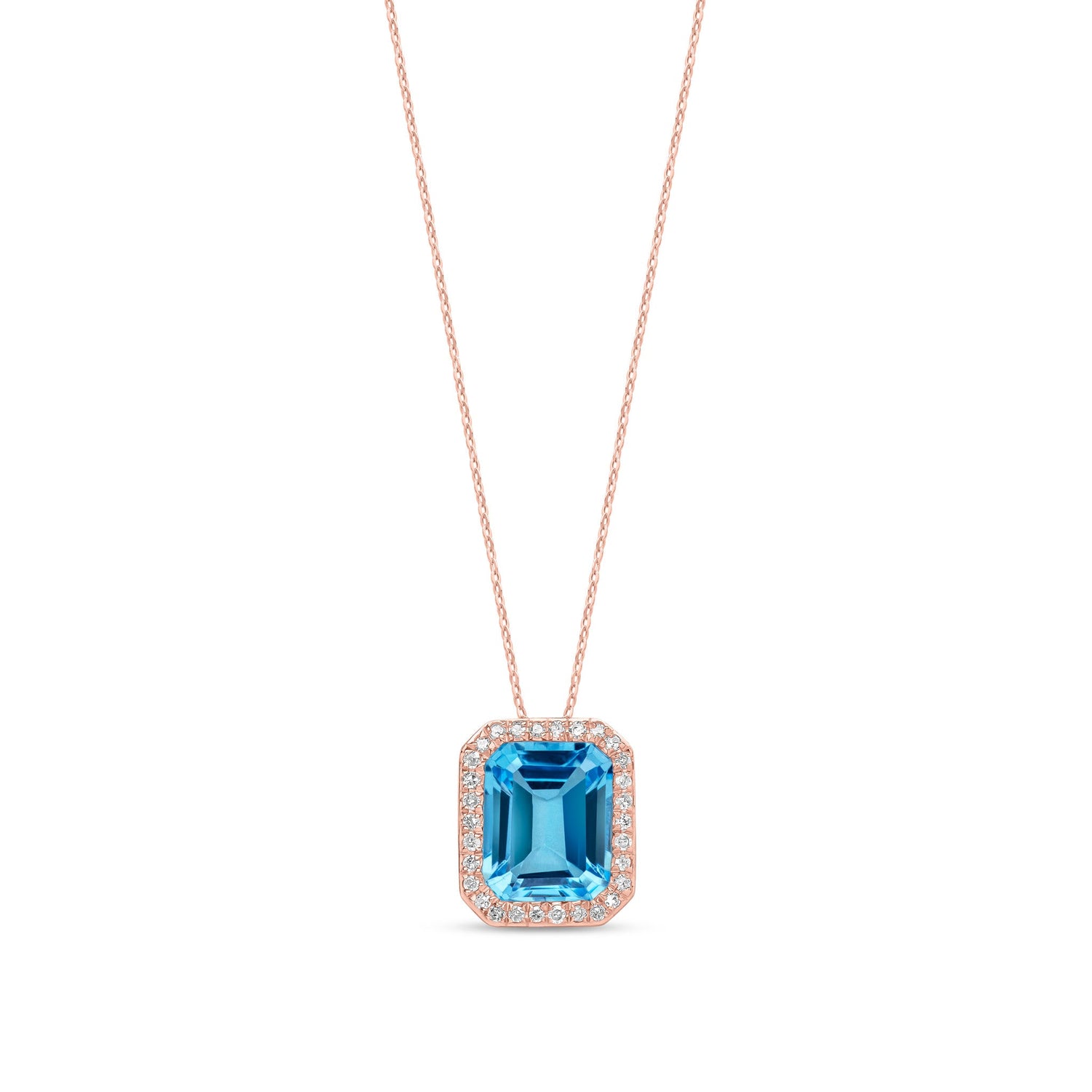 9ct Rose Gold Natural Octagonal Blue Topaz & Diamond Statement Halo Pendant Necklace