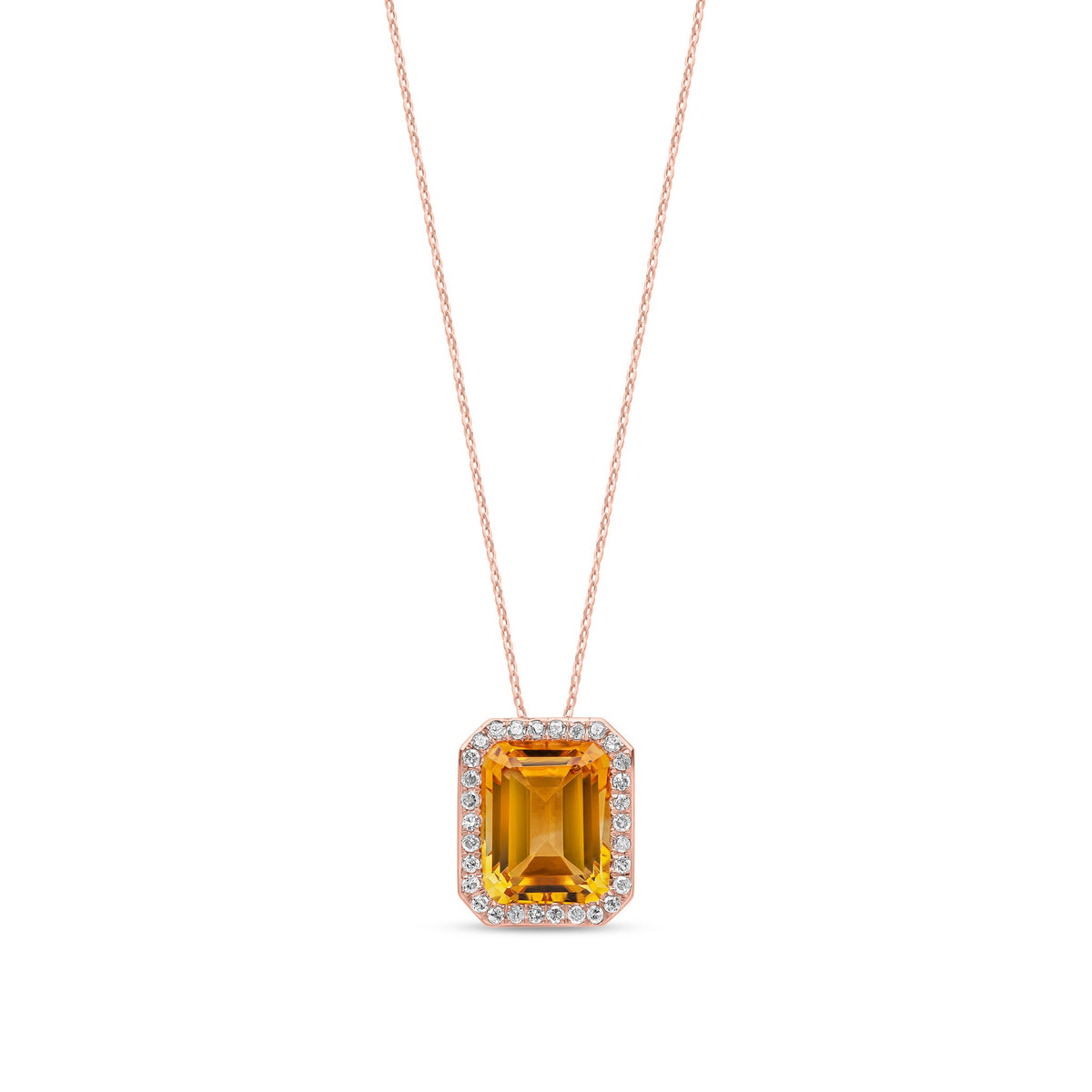 9ct Rose Gold Natural Octagonal Citrine & Diamond Statement Halo Pendant Necklace
