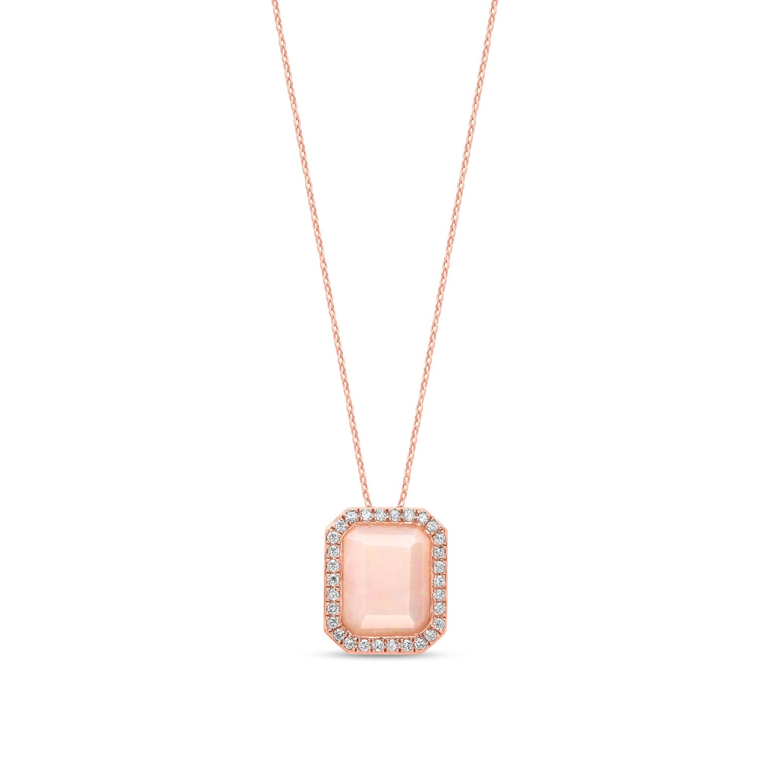 9ct Rose Gold Natural Octagonal Pink Opal & Diamond Statement Halo Pendant Necklace