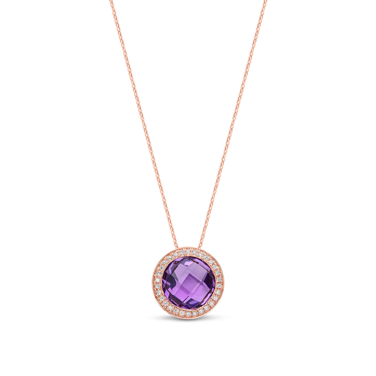 9ct Rose Gold Natural Round Amethyst & Diamond Statement Halo Pendant Necklace