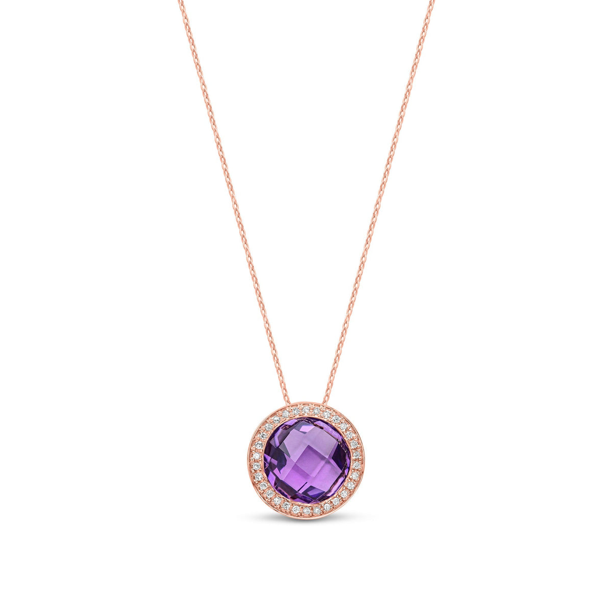 9ct Rose Gold Round Natural Amethyst & Diamond Statement Halo Pendant — 10mm