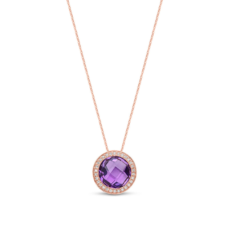 9ct Rose Gold Round Natural Amethyst & Diamond Statement Halo Pendant — 10mm