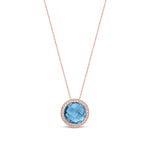 9ct Rose Gold Round Natural Swiss Blue Topaz & Diamond Statement Halo Pendant — 10mm