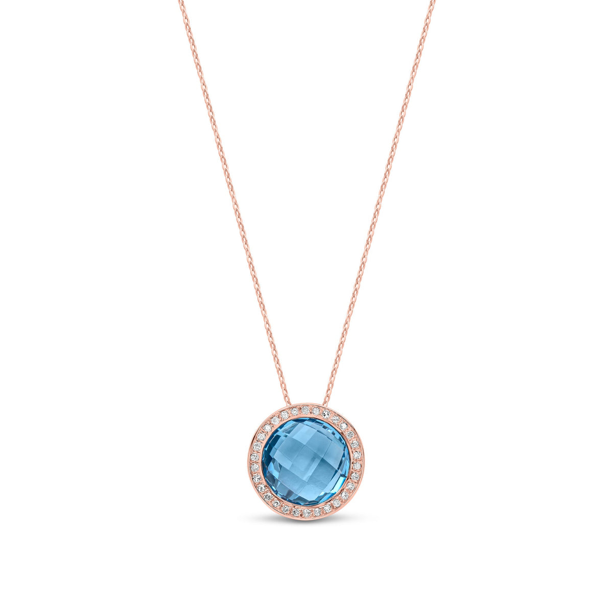 9ct Rose Gold Natural Round Blue Topaz & Diamond Statement Halo Pendant Necklace