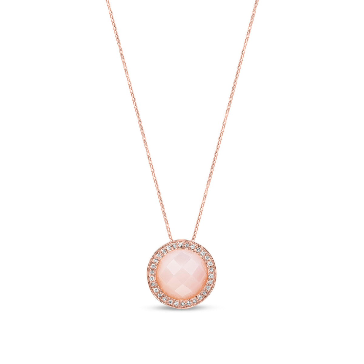 9ct Rose Gold Natural Round Pink Opal & Diamond Statement Halo Pendant Necklace