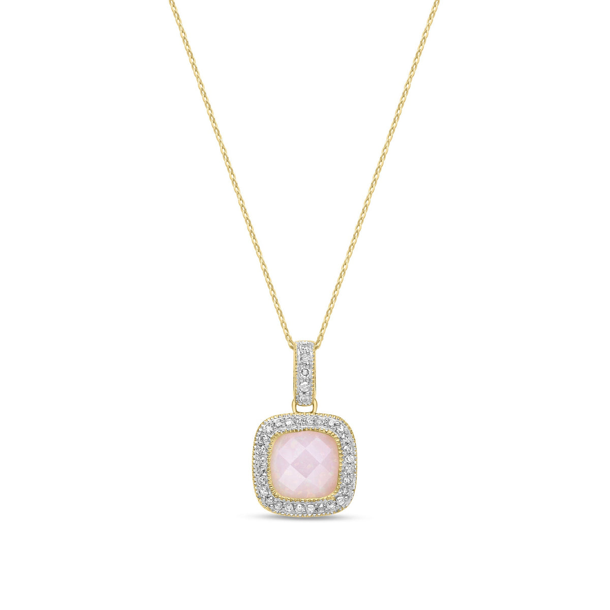 9ct Yellow Gold Natural Cushion Pink Opal & Diamond Geometric Halo Pendant Necklace
