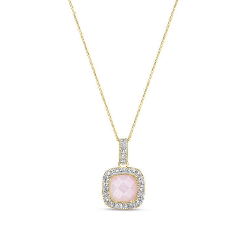 9ct Yellow Gold Cushion Natural Pink Opal & Diamond Millgrain Halo Pendant — 7mm