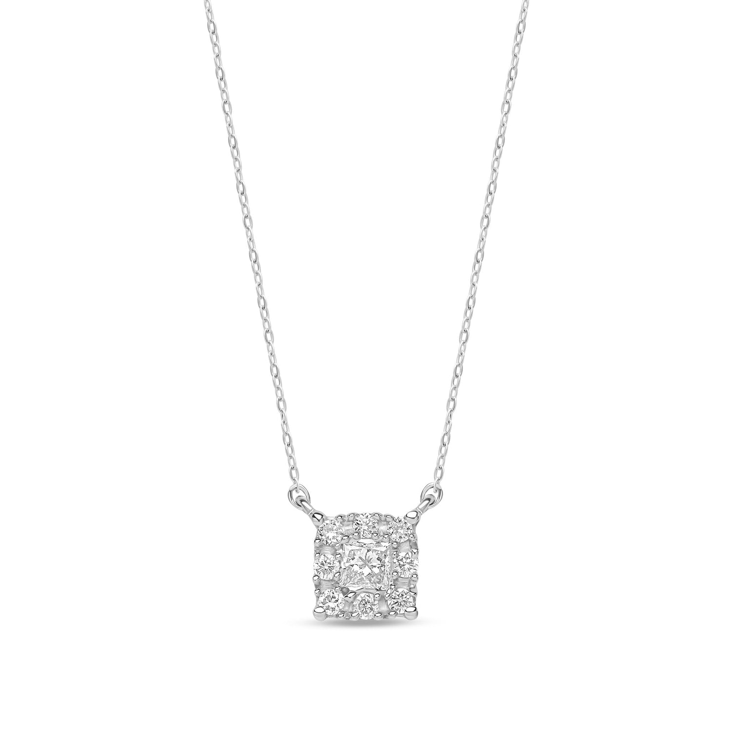 9ct White Gold Natural Princess Cut Diamond Halo Necklace