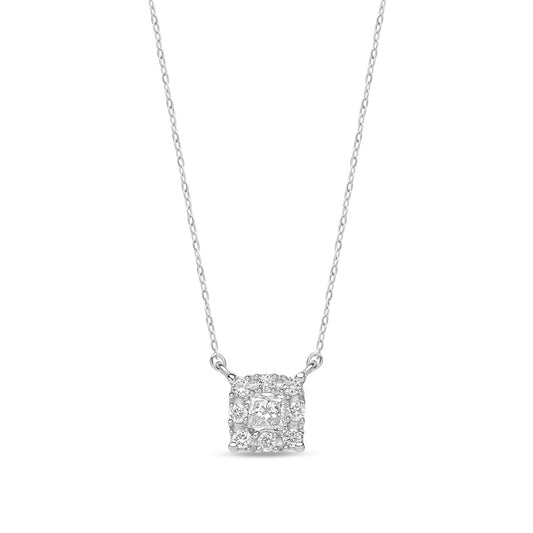 9ct White Gold Natural Princess Cut Diamond Halo Necklace