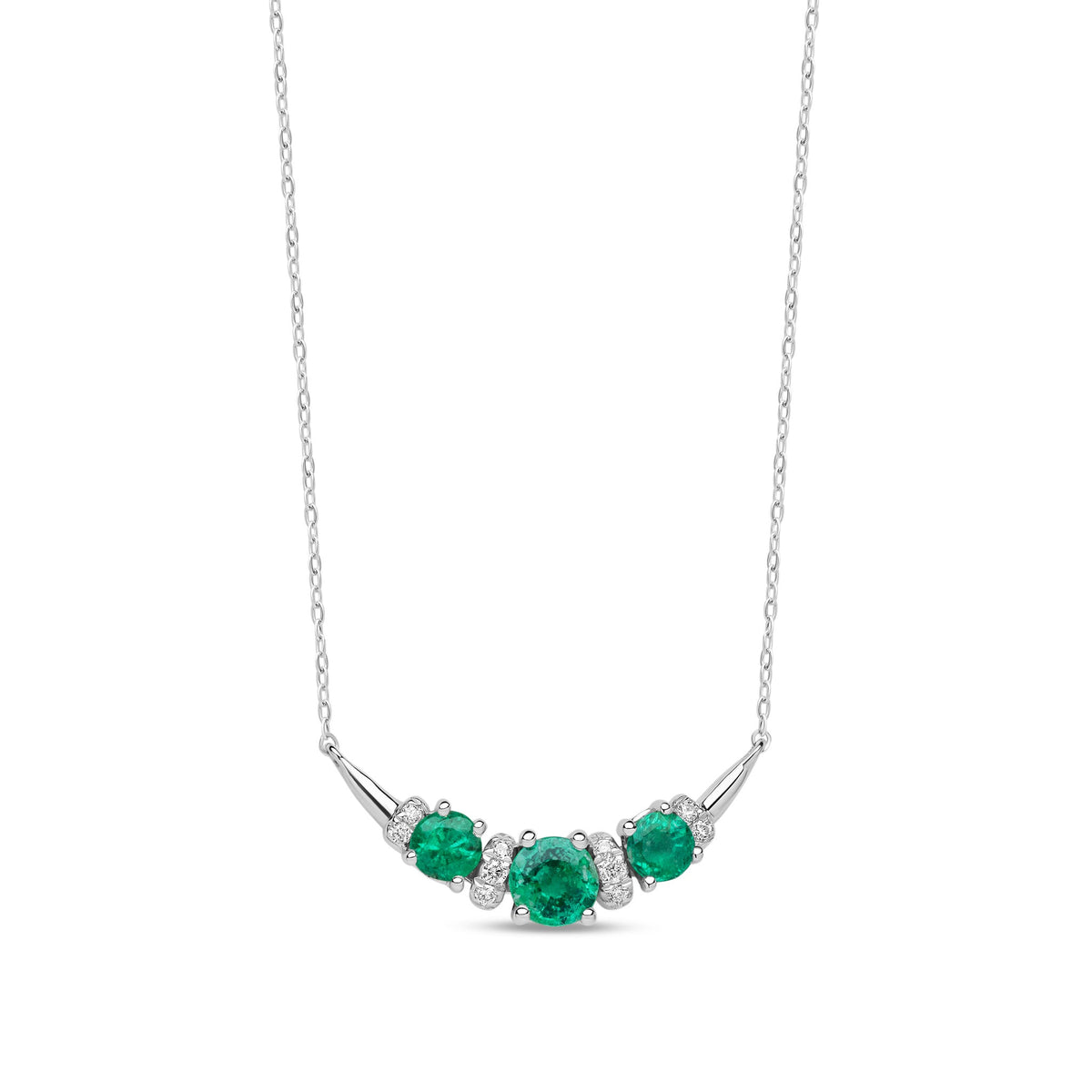 9ct White Gold Natural Emerald & Diamond Three Stone Bar Necklace