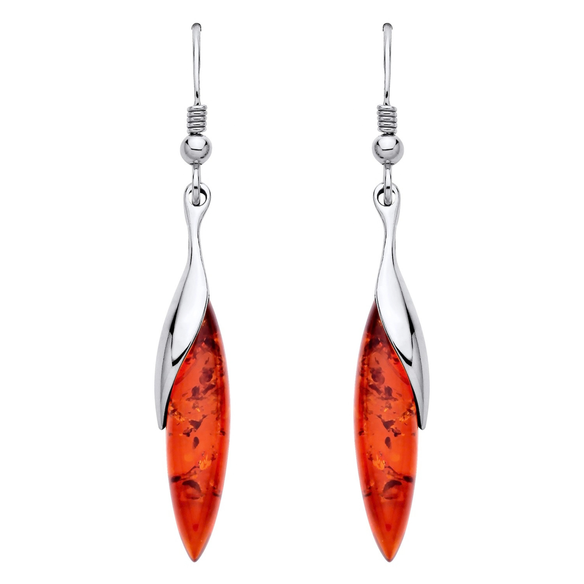 Sterling Silver Natural Baltic Amber Elongated Marquise Sweep Drop Earrings