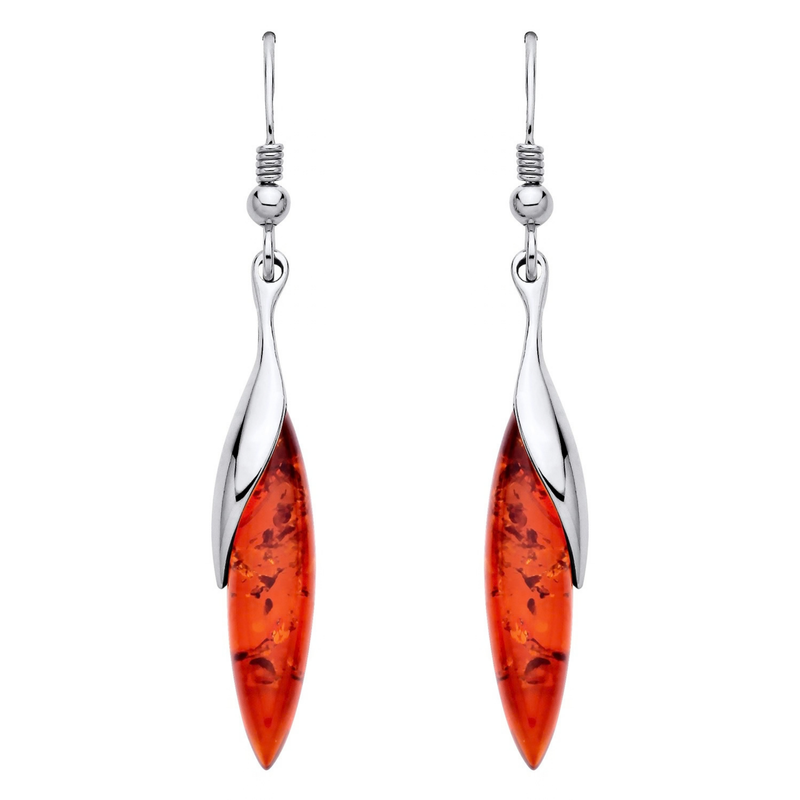 Sterling Silver Natural Baltic Amber Elongated Marquise Sweep Drop Earrings
