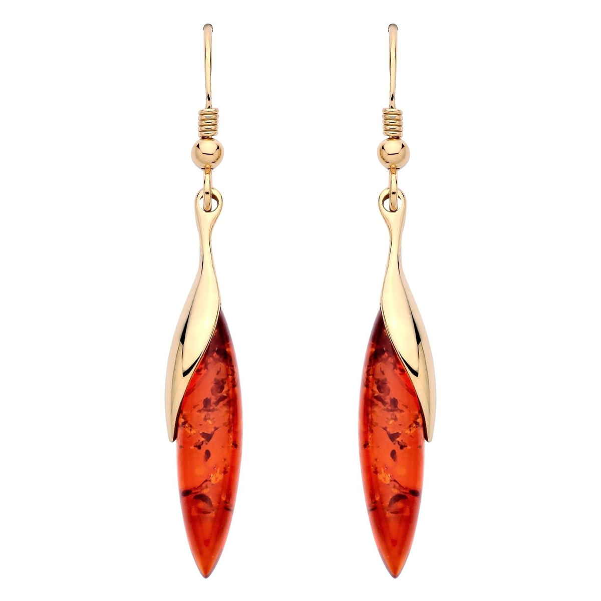 Gold Plated Sterling Silver Natural Baltic Amber Elongated Marquise Sweep Drop Earrings
