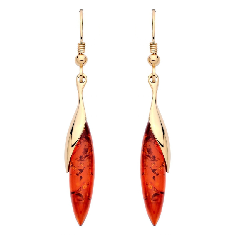 Gold Plated Sterling Silver Natural Baltic Amber Elongated Marquise Sweep Drop Earrings
