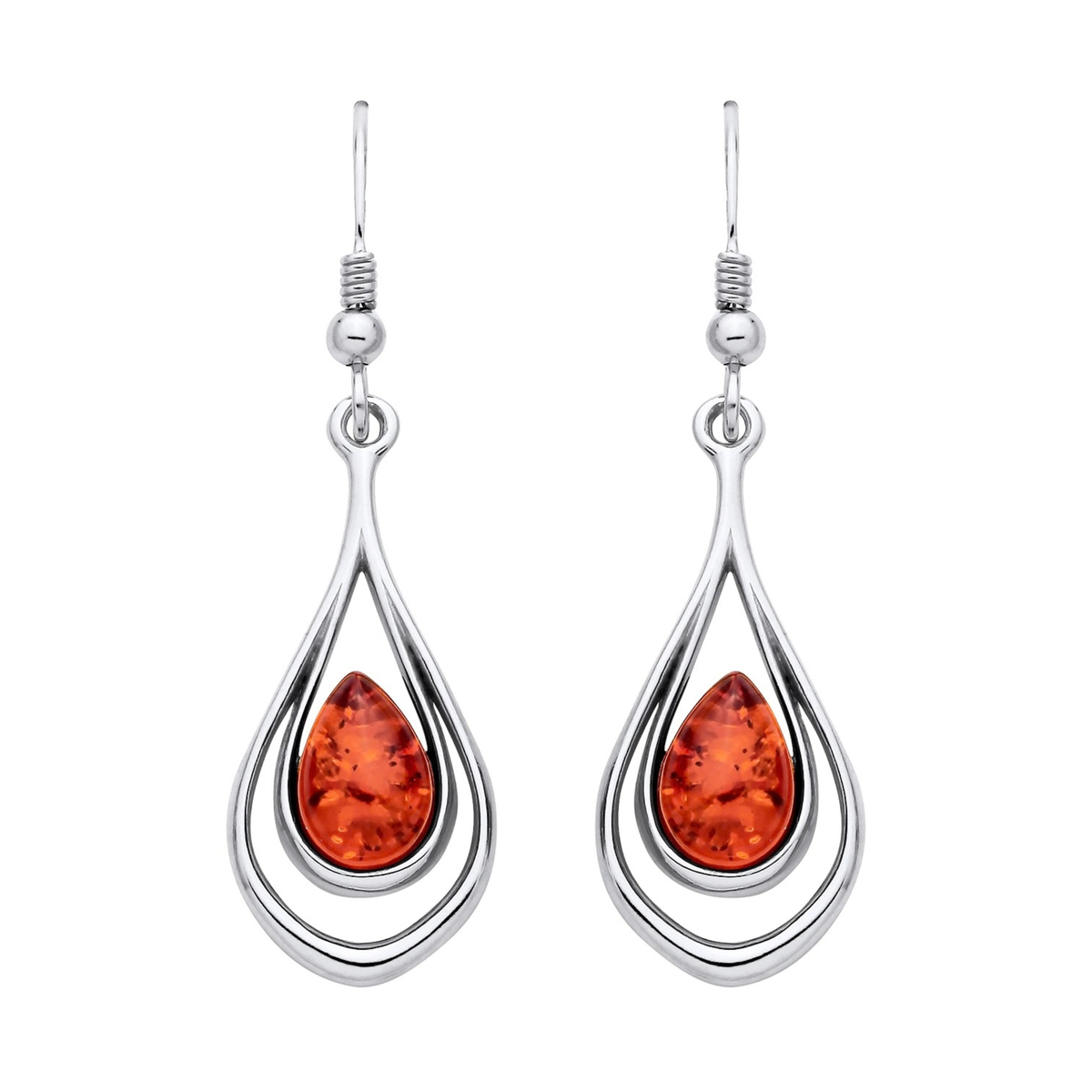 Sterling Silver Natural Baltic Amber Layered Teardrop Drop Earrings