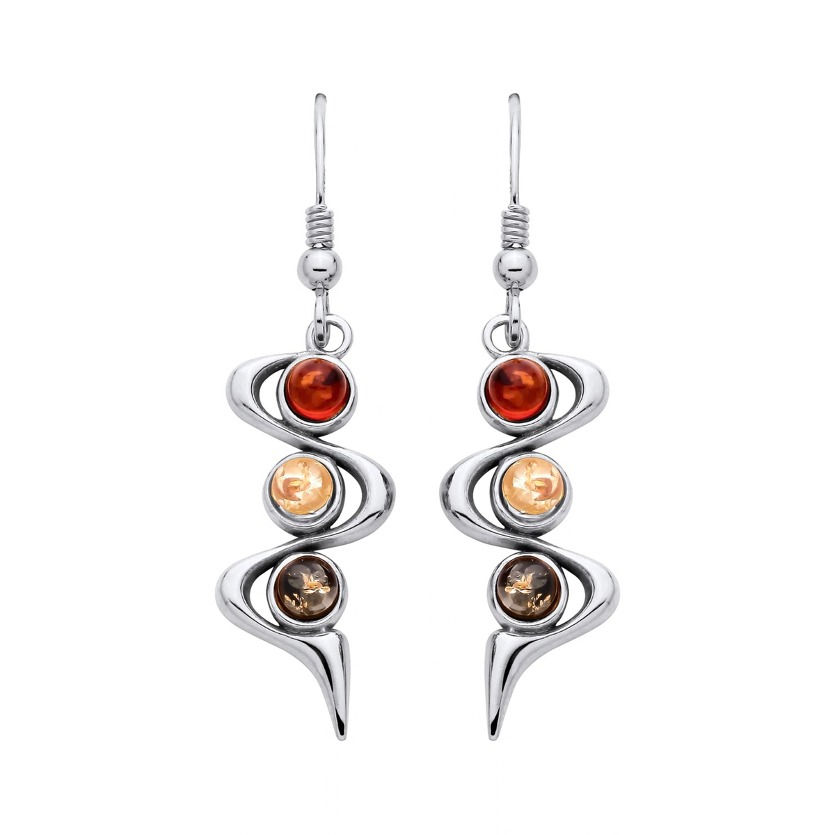 Sterling Silver Natural Baltic Amber Three-Stone Swirl Drop Earrings