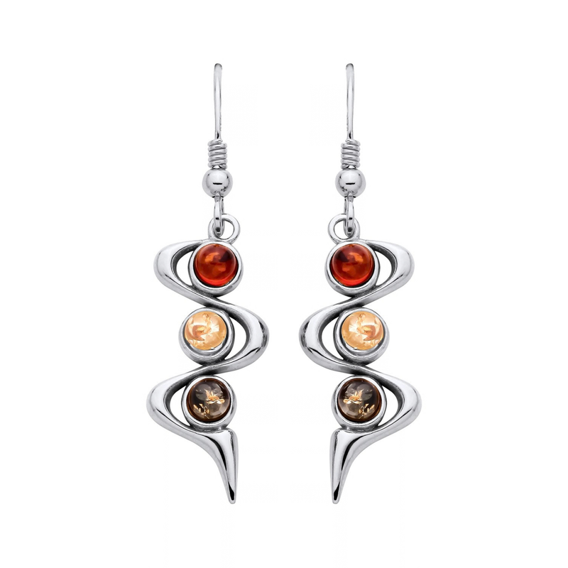 Sterling Silver Natural Baltic Amber Three-Stone Swirl Drop Earrings
