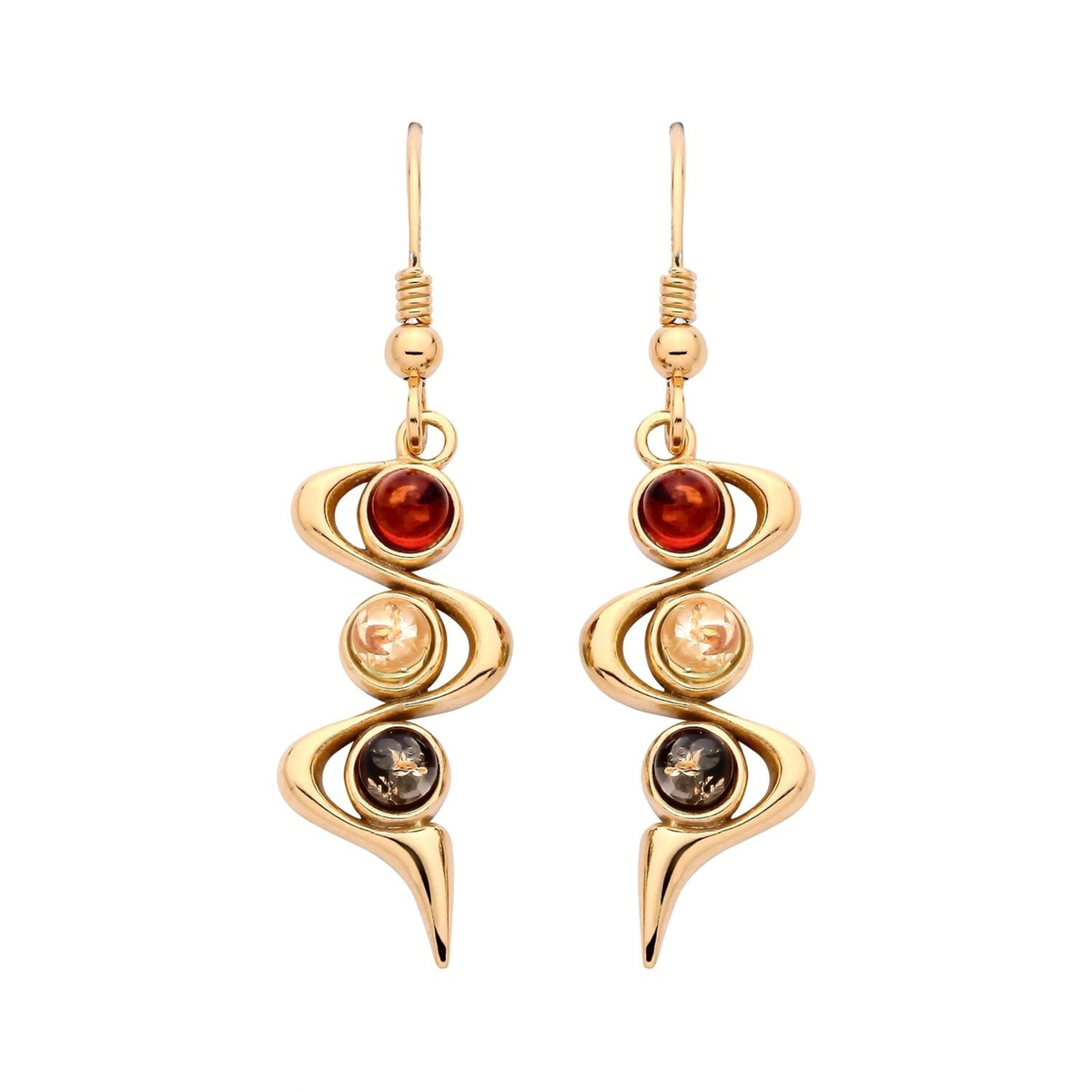 Gold Plated Sterling Silver Natural Baltic Amber Three-Stone Swirl Drop Earrings