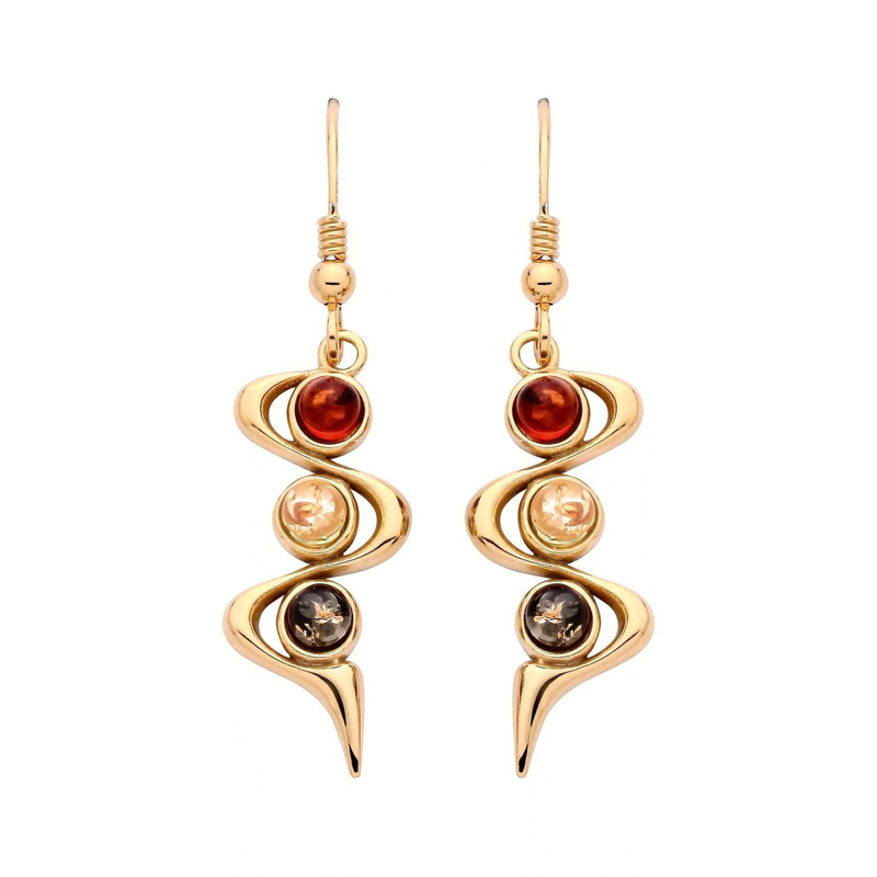 Gold Plated Sterling Silver Natural Baltic Amber Three-Stone Swirl Drop Earrings