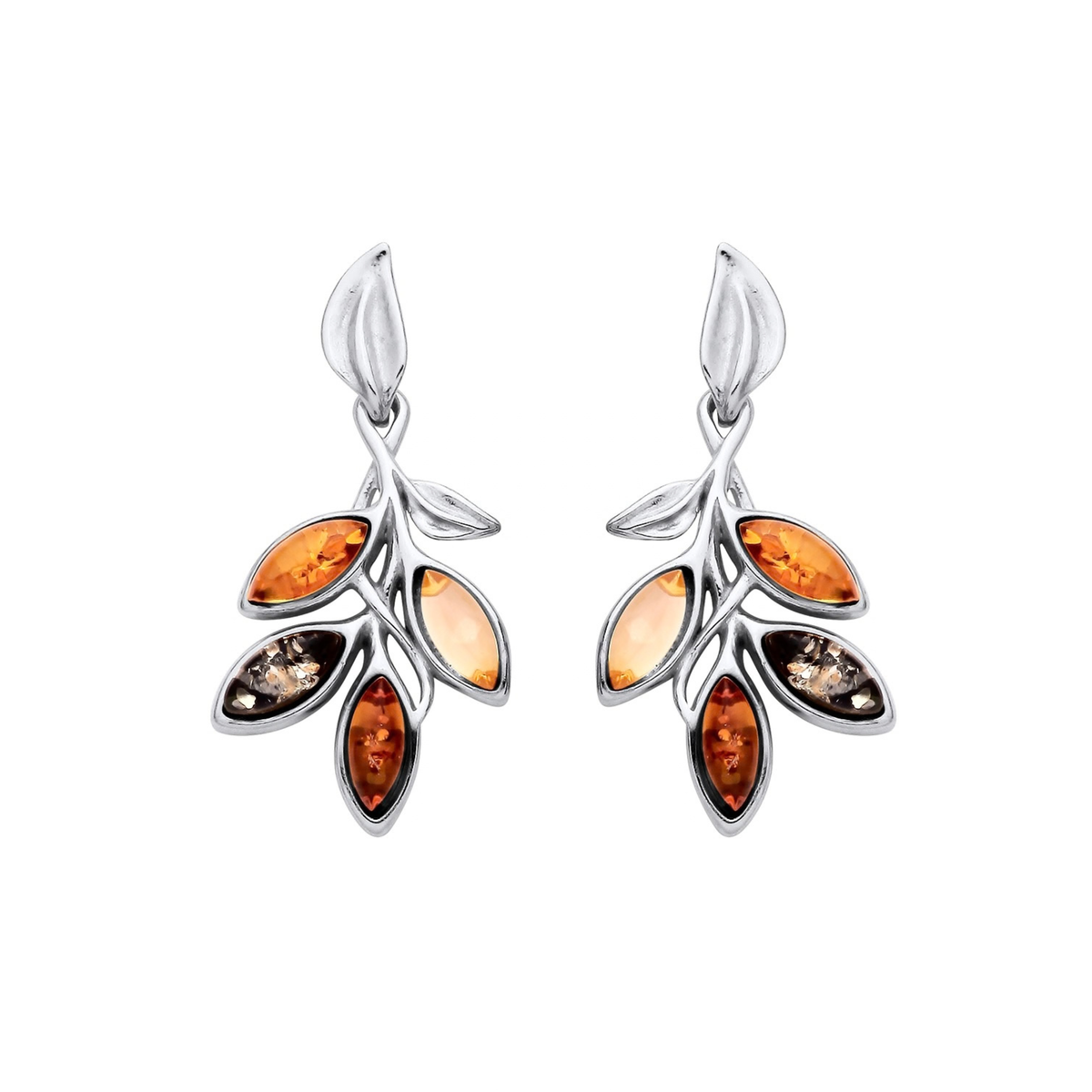 Sterling Silver Natural Baltic Amber Leaf Cluster Drop Earrings