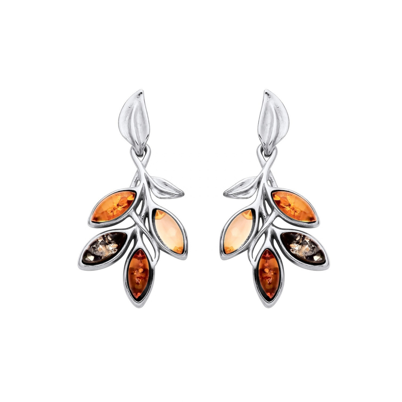 Sterling Silver Natural Baltic Amber Leaf Cluster Drop Earrings