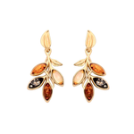 Gold Plated Sterling Silver Natural Baltic Amber Leaf Cluster Drop Earrings