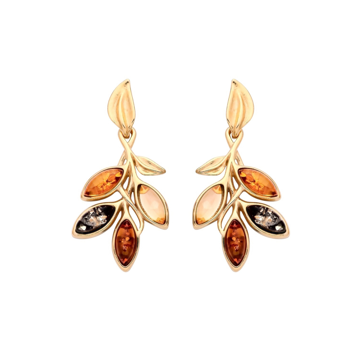 Gold Plated Sterling Silver Natural Baltic Amber Leaf Cluster Drop Earrings