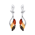 Sterling Silver Natural Baltic Amber Five-Leaf Branch Drop Earrings