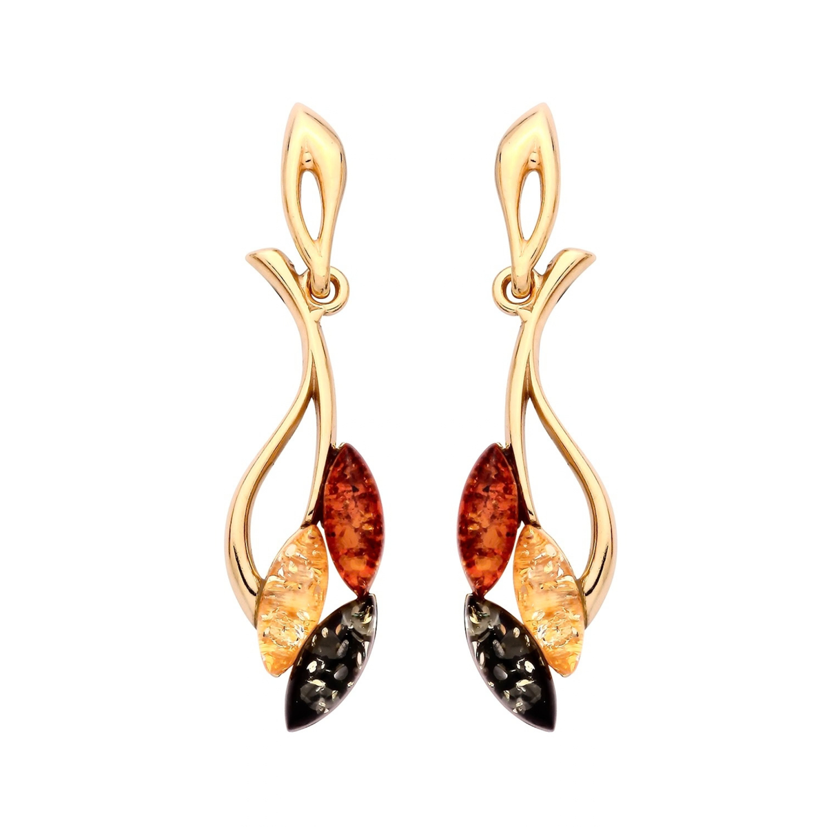Gold Plated Sterling Silver Natural Baltic Amber Five-Leaf Branch Drop Earrings