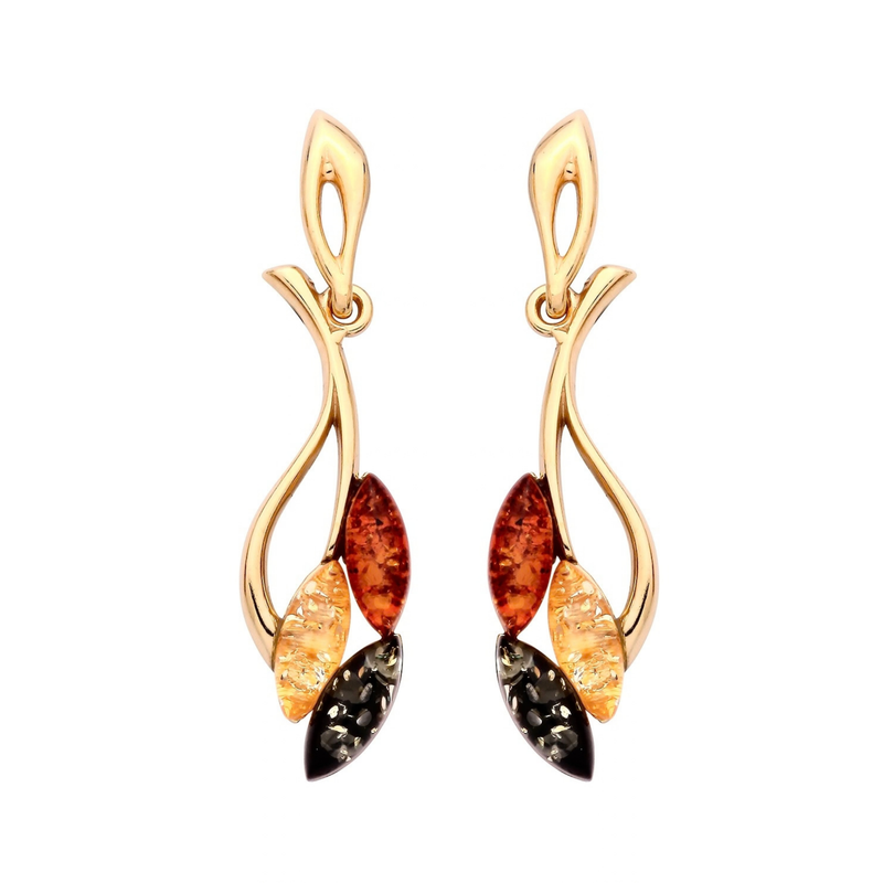 Gold Plated Sterling Silver Natural Baltic Amber Five-Leaf Branch Drop Earrings