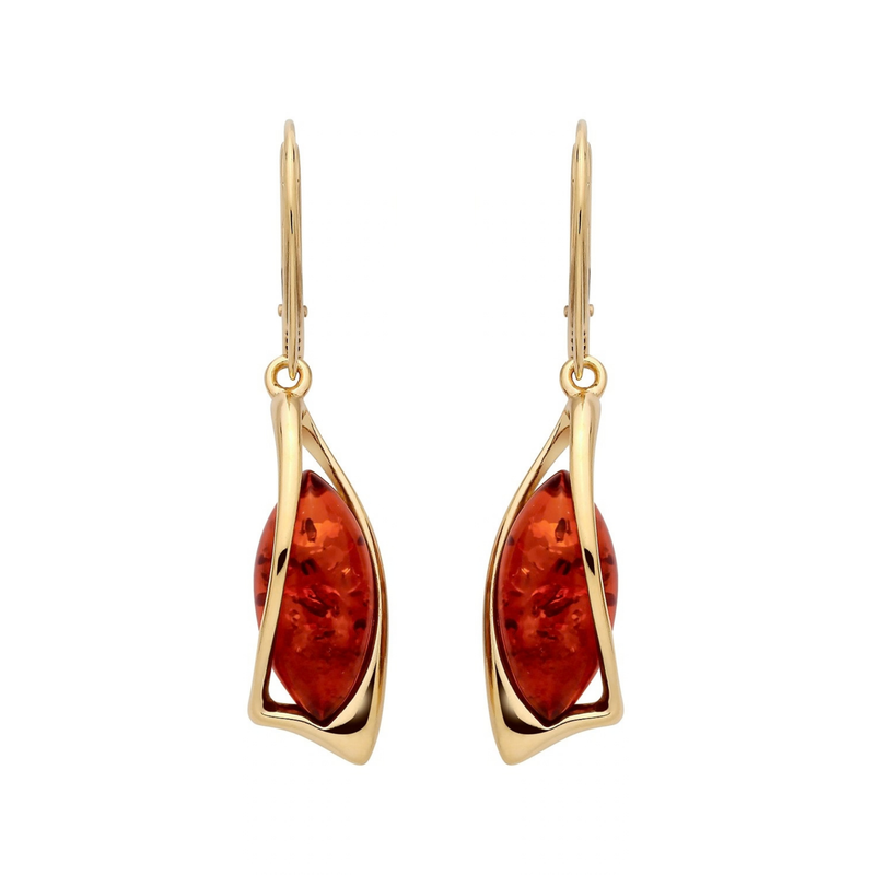 Gold Plated Sterling Silver Natural Baltic Amber Angular Marquise Drop Earrings