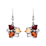 Sterling Silver Natural Baltic Amber Three-Leaf Floral Cluster Drop Earrings