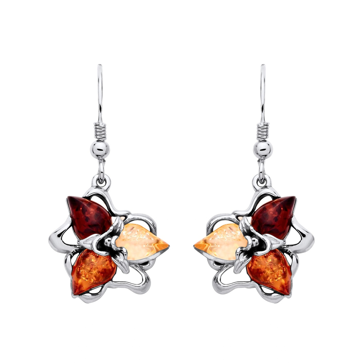 Sterling Silver Natural Baltic Amber Three-Leaf Floral Cluster Drop Earrings