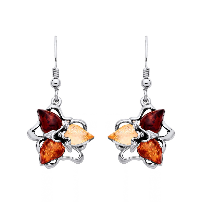 Sterling Silver Natural Baltic Amber Three-Leaf Floral Cluster Drop Earrings