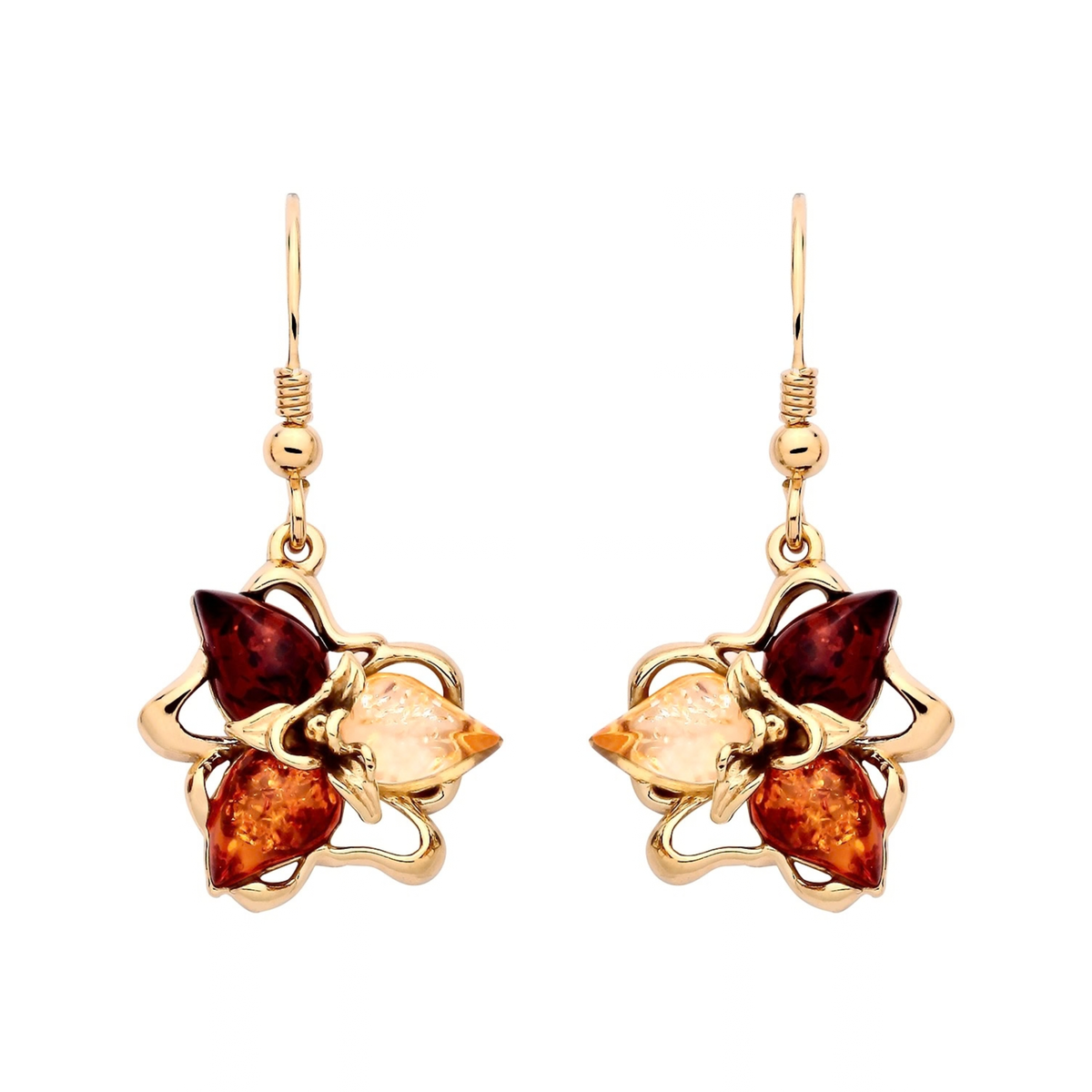 Gold Plated Sterling Silver Natural Baltic Amber Three-Leaf Floral Cluster Drop Earrings