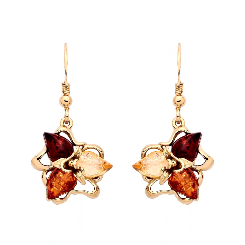 Gold Plated Sterling Silver Natural Baltic Amber Three-Leaf Floral Cluster Drop Earrings